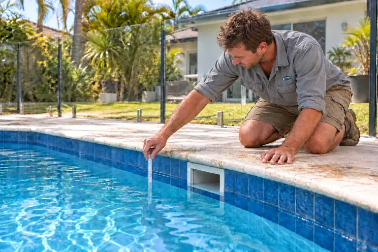 Illustration of a technician inspecting a pool waterline beside the skimmer